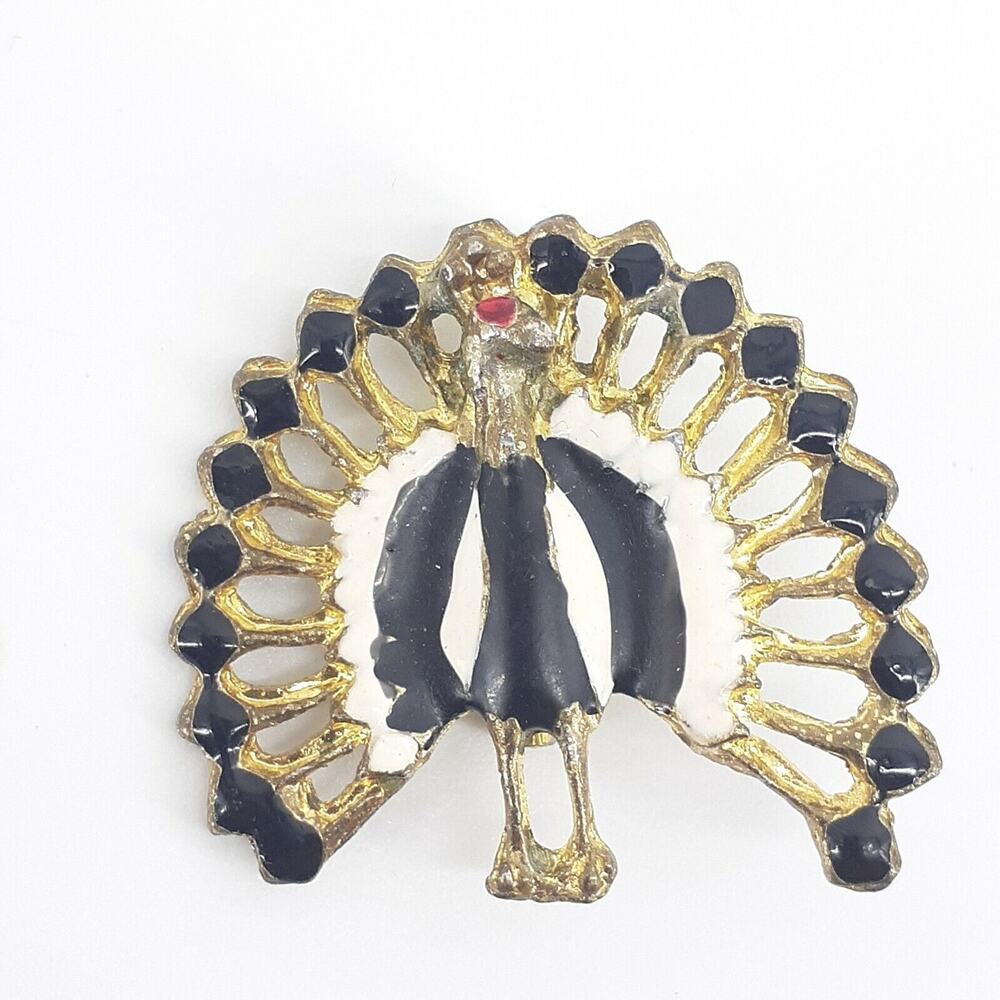 Peacock Vintage Brooch Black White Enamel Pin Bird Ave Feathers Red Eyes - Picture 5 of 5